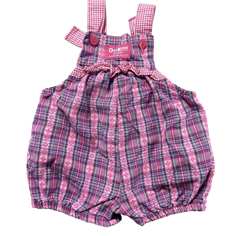 VTG OshKosh B'gosh Overalls Infant Girl 3-6M Pink Plaid Ruffle Bubble Romper USA